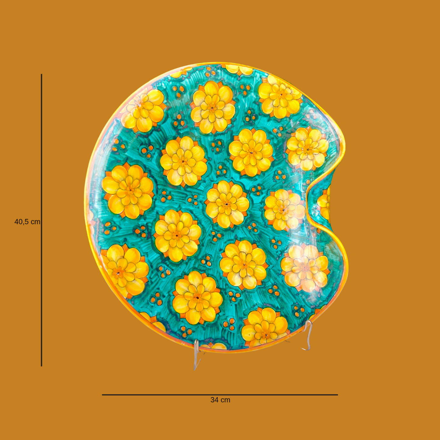 Hand-painted Deruta ceramic shaped plate 40.5 cm, geometric floral motif in yellow ochre on turquoise background, signed by artist Michela. Authentic Italian pottery, perfect for wall display.