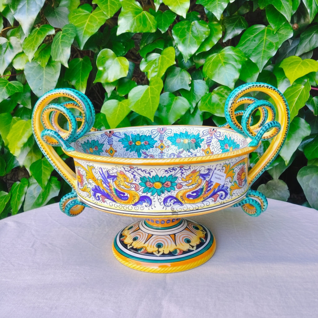Stunning hand-painted Deruta ceramic centerpiece bowl with serpentine handles. Authentic Raffaellesco style, handmade in Italy. Ø 33 cm.