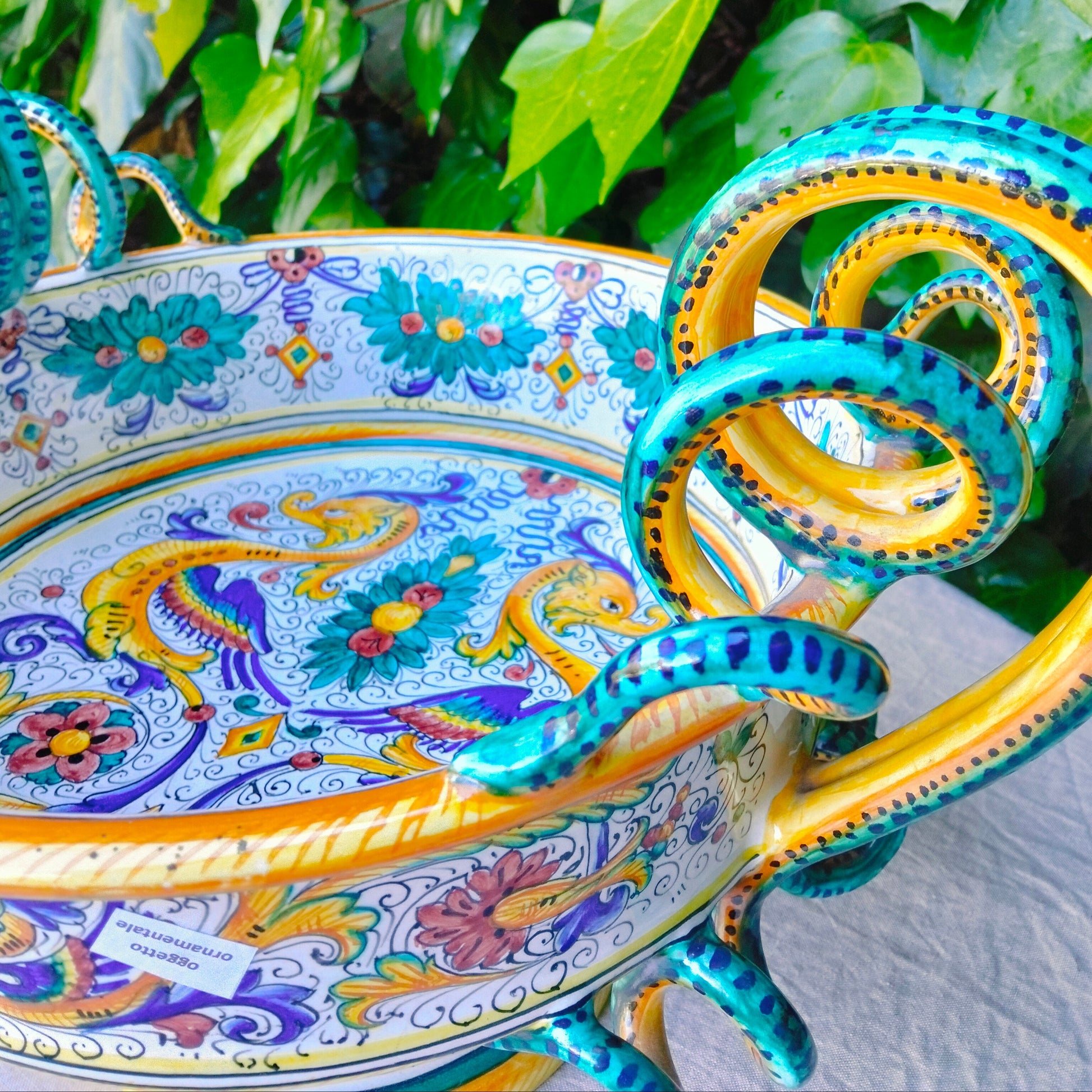 stunning hand-painted Deruta ceramic centerpiece bowl with serpentine handles. Authentic Raffaellesco style, handmade in Italy.