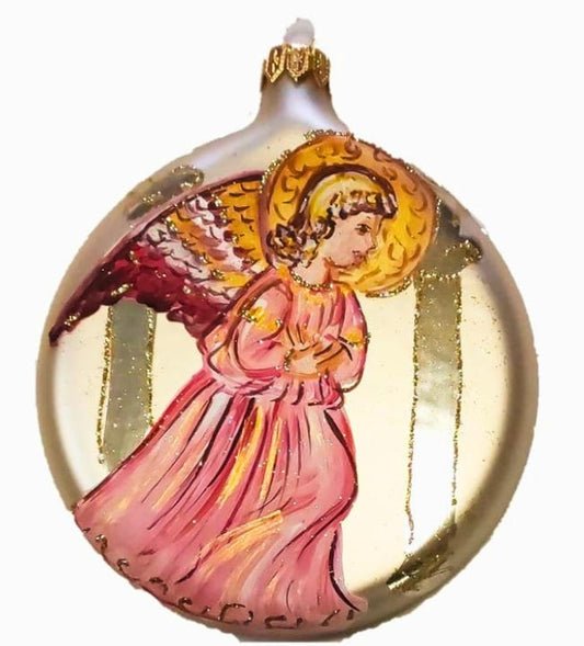 Disco in vetro soffiato, dipinto a mano con Angelo, ispirato dall'affresco di Beato Angelico "L'Annunciazione", conservato a Firenzo, al Museo di San Marco. 
Diametro: 10 cm