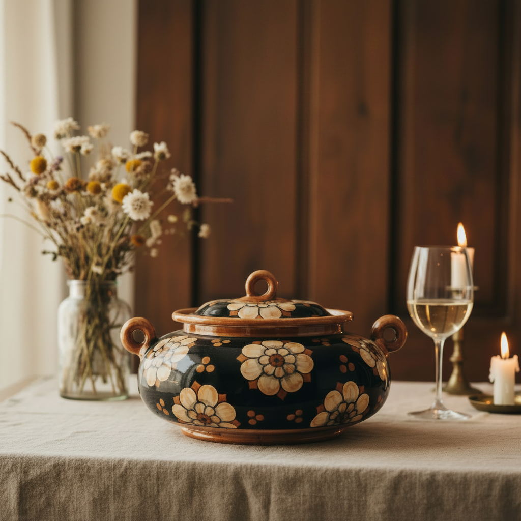 Authentic Deruta majolica tureen, hand-painted by artist Michela with the vibrant Tappeto di Margherite floral motif. 17 cm height, 29 cm diameter.